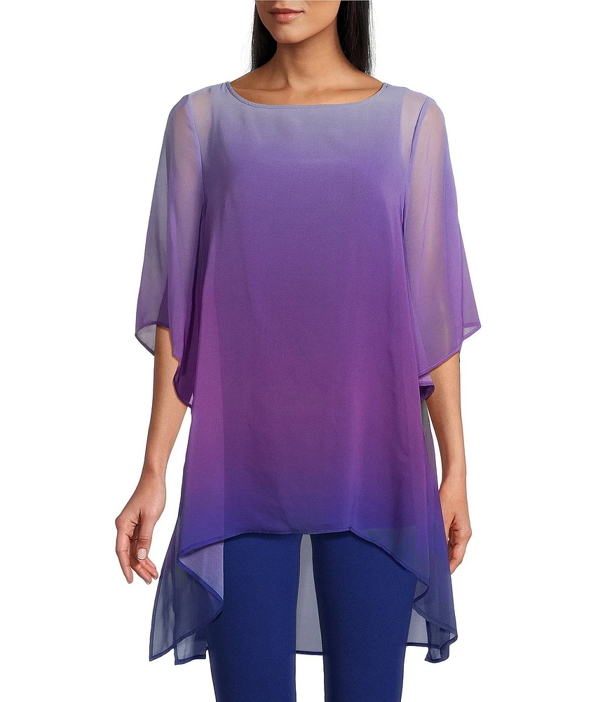 Slim Factor by Investments Purple/Royal Blue Ombre Border Print Boat Neck 3/4 Sleeve Lined Tunic