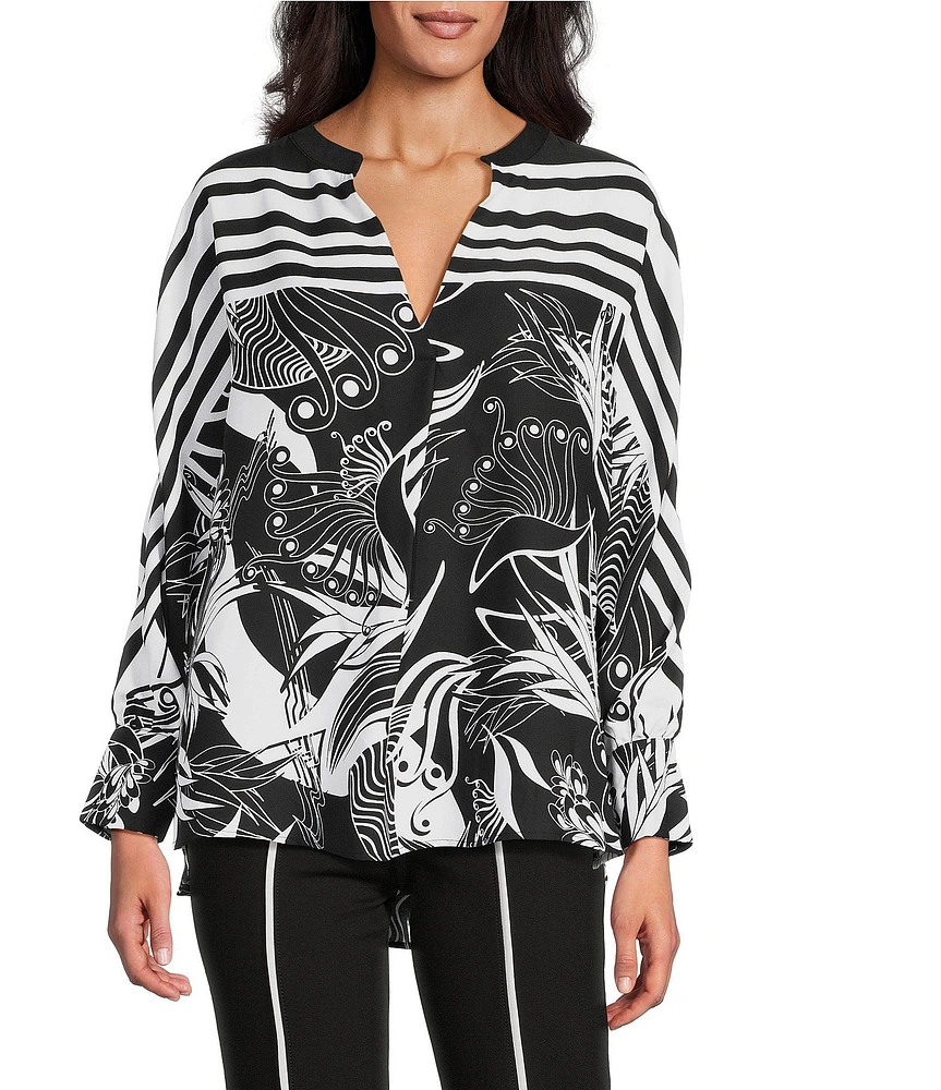 Slim Factor by Investments Stylized Floral Border Print Long Sleeve Split V-Neck Top