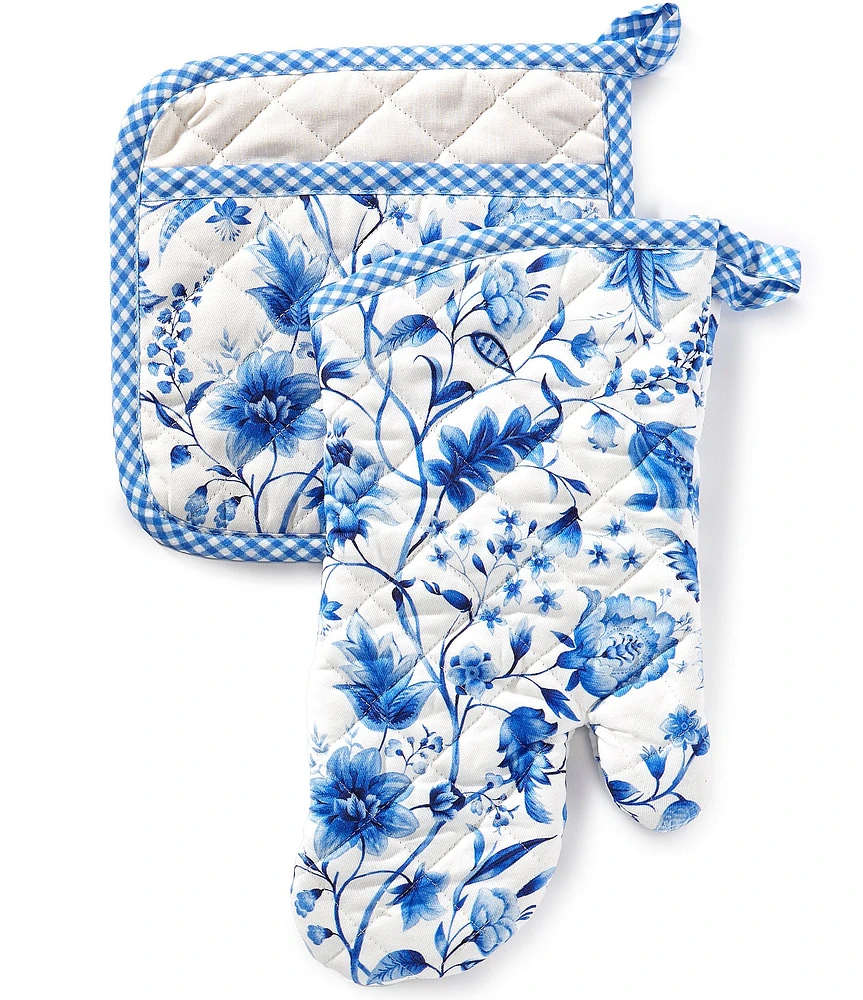 Southern Living Elsa Blue Floral Oven Mitt & Pot Holder Set
