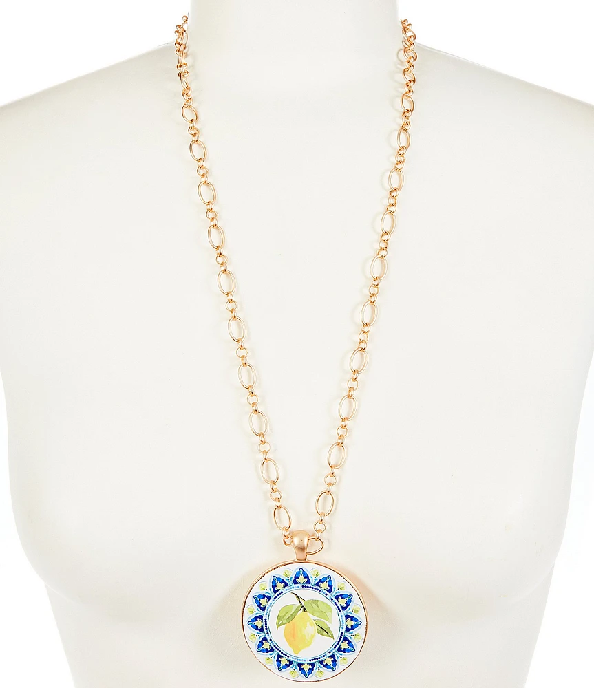 Southern Living Lemon Print Round Chain Long Pendant Necklace