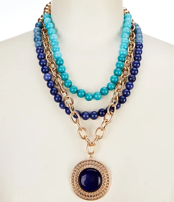 Southern Living Multi Layer Semi Precious Stone Disc Short Statement Pendant Necklace