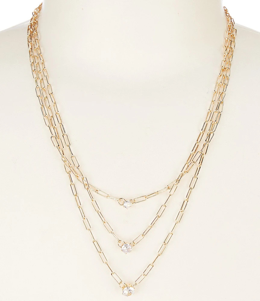 Southern Living Triple Layer Paperclip CZ Stones Chain Short Multi Strand Necklace