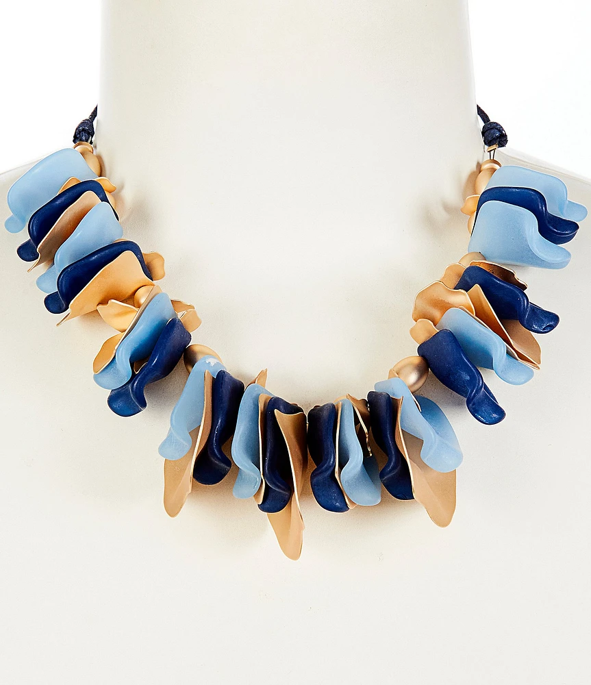 Southern Living Wavy Metal Multi Blue Flower Petal Statement Bead Collar Necklace