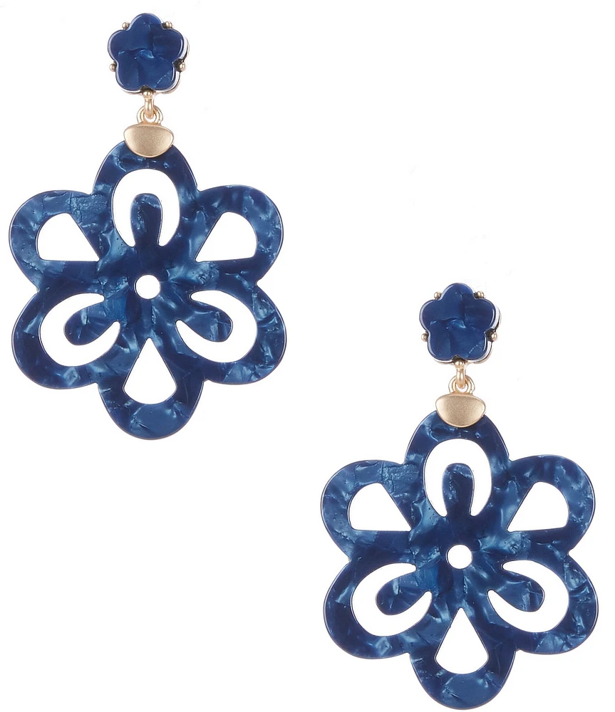 Southern Pearlized Resin Double Flower Statement Drop Earrings