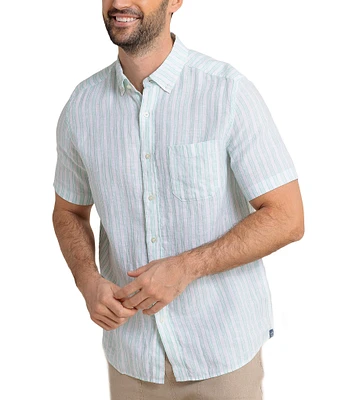 Southern Tide Crepe Myrtle Stripe Linen Short Sleeve Woven Shirt