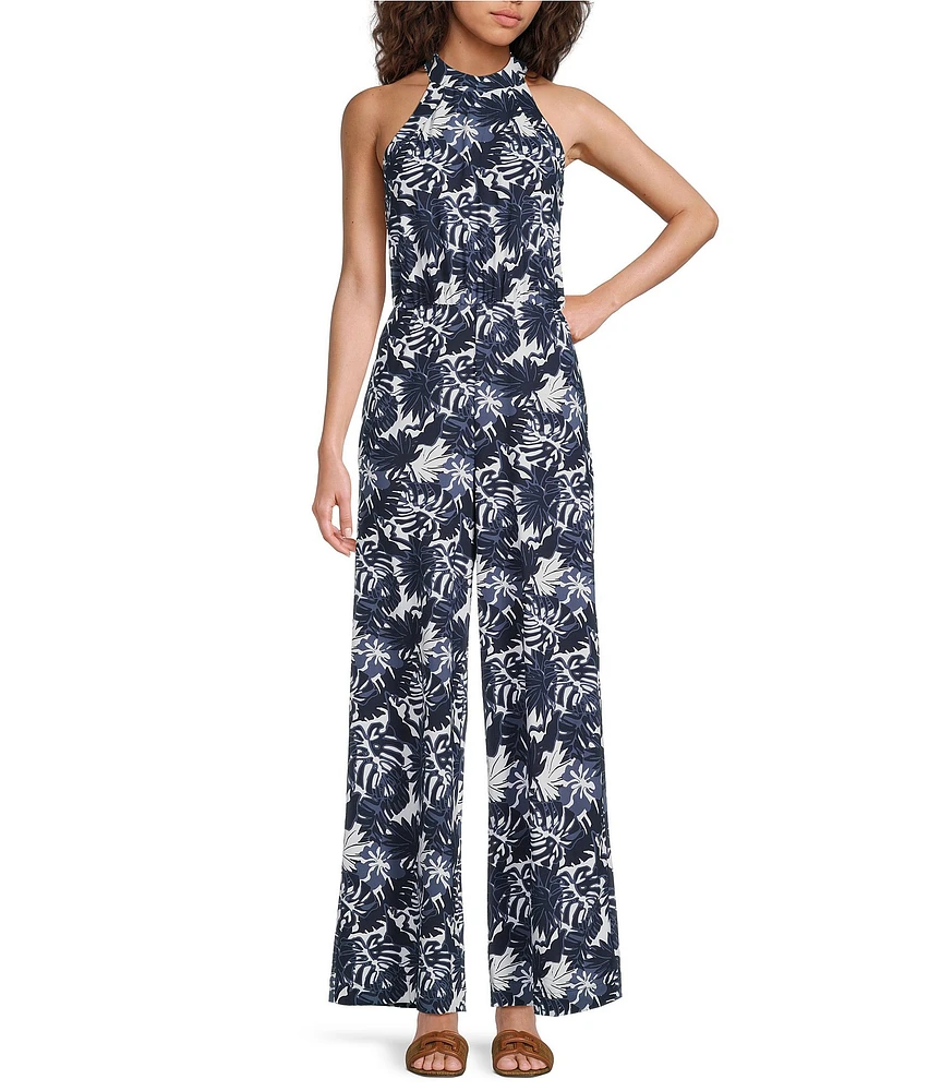 Southern Tide Karrigan Tropical Grand Palms Printed Halter Neck Sleeveless Performance Jumpsuit