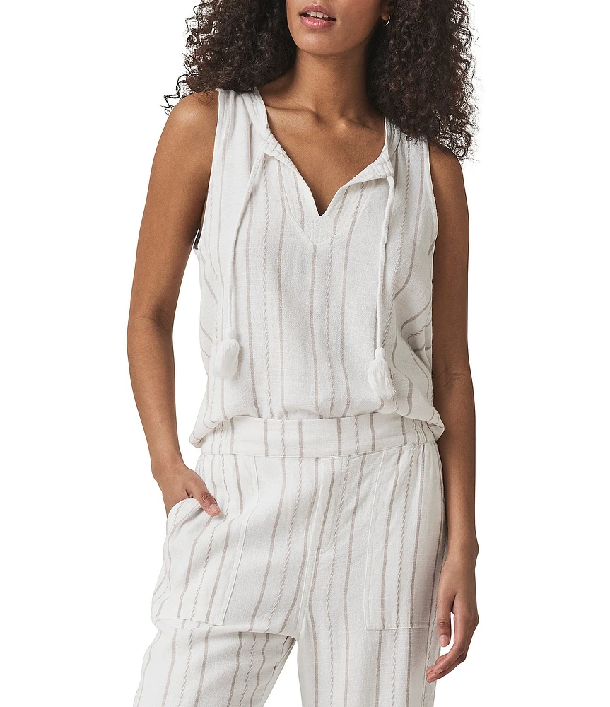 Splendid Layla Knit Stripe Print Linen Blend Split V-Neck Sleeveless Coordinating Tank Top