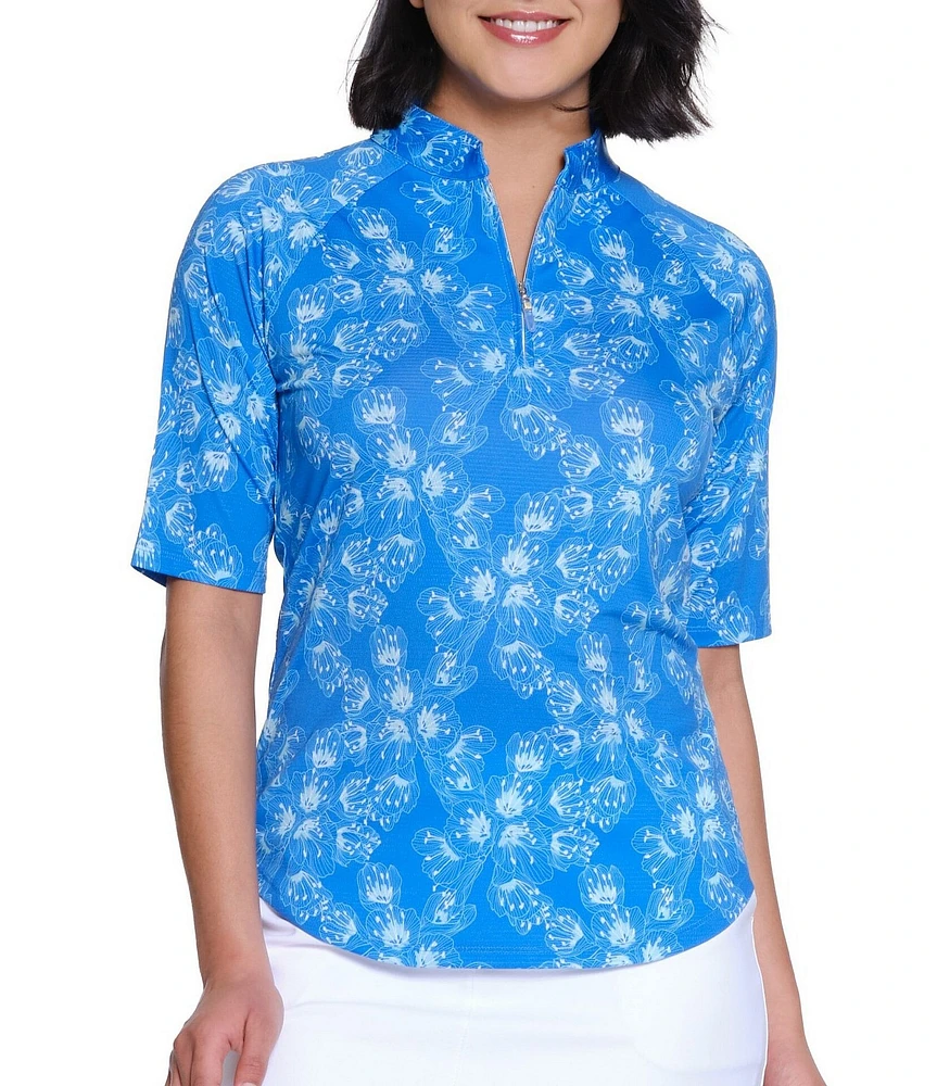 Sport Haley Arlette Printed Quarter Zip Mock Neck Elbow Sleeve Top