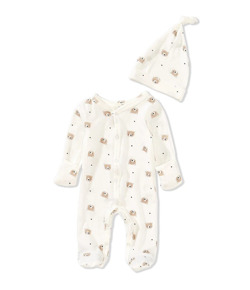 Starting Out Baby Boys Long Sleeve Fold Over Cuff Footie Bear Coverall & Knot Hat 2-Piece Set