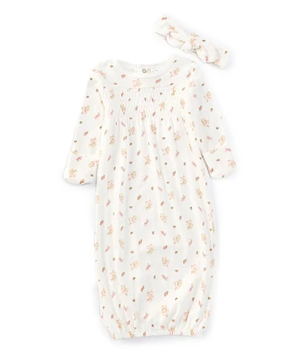 Starting Out Baby Girls Long Sleeve Fold-Over Cuffs Ballet Print Knotted Gown & Hat Set