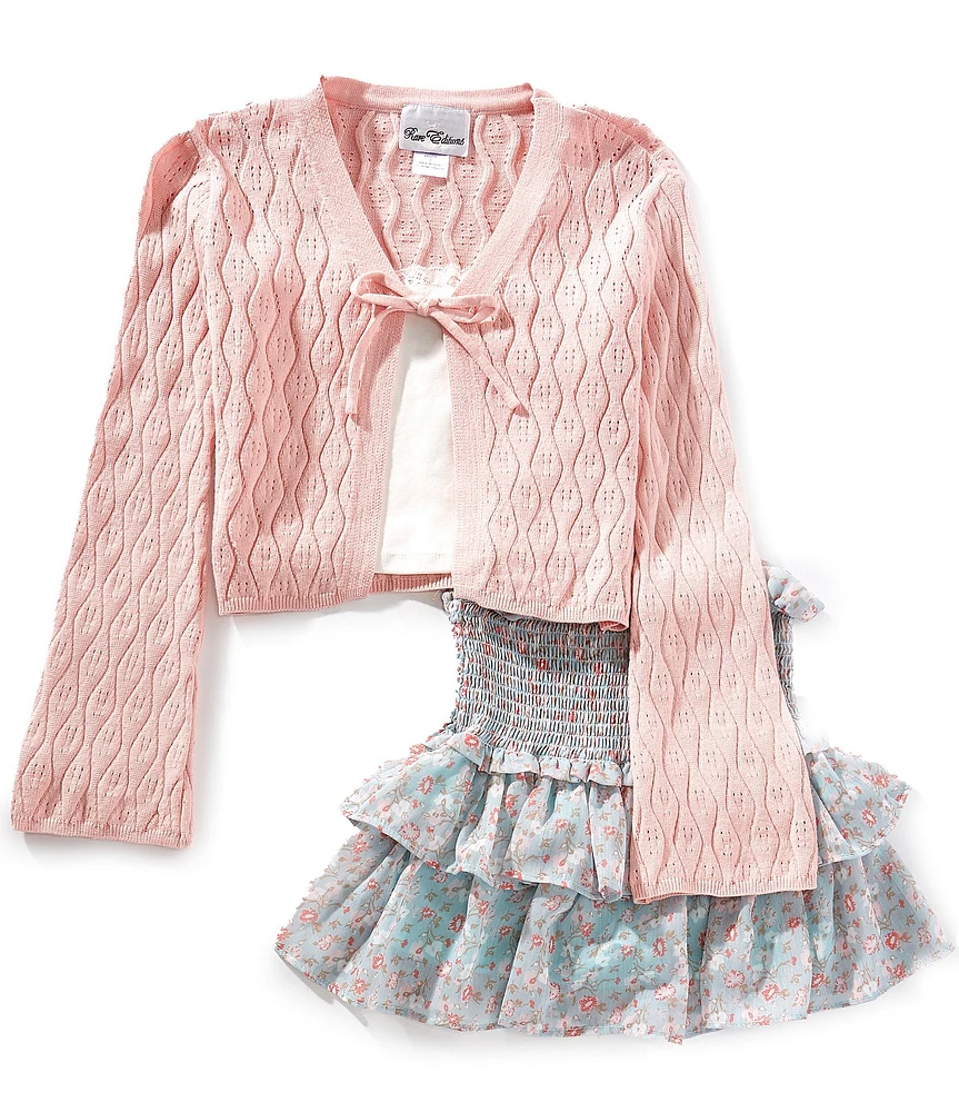 Stella 88 Big Girls Long-Sleeve Crocheted Cardigan, Sleeveless Camisole & Floral-Printed Ruffle-Tier Skirt Set