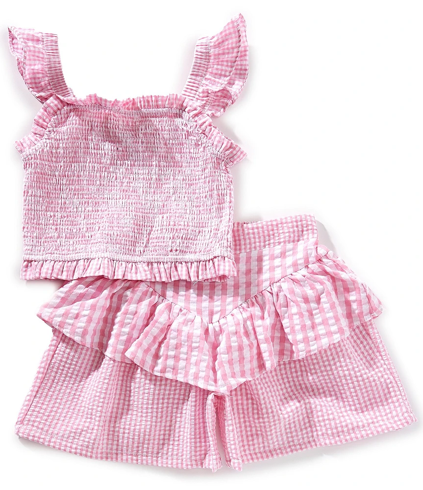 Stella 88 Big Girls Sleeveless Checked Smocked Seersucker Top & Matching Seersucker Checked Shorts Set