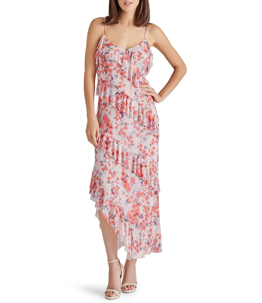 Steve Madden Aida Floral Print V Neck Sleeveless Ruffle Tier Midi Dress
