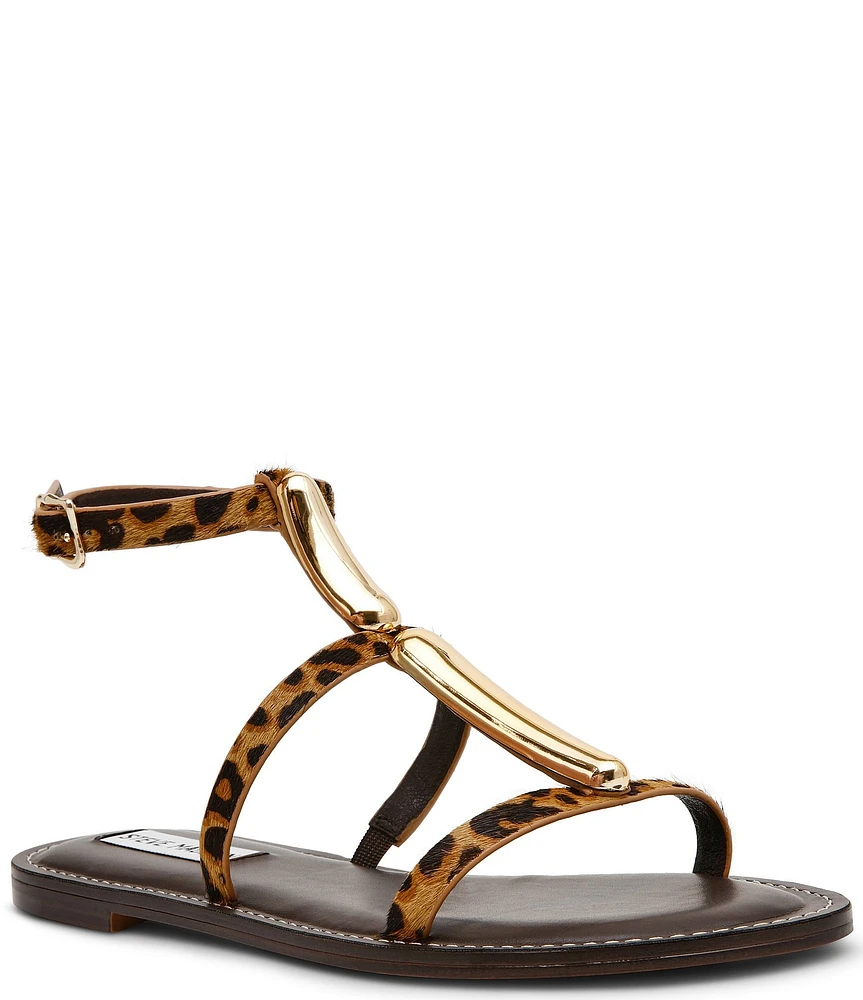 Steve Madden Alma-L Leopard Calf Hair Hardware Detail Gladiator T-Strap Flat Sandals