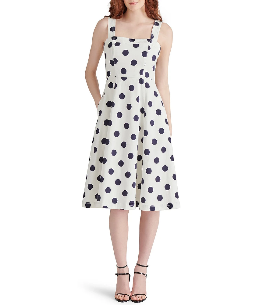 Steve Madden Dolly Woven Dotted Print Square Neck Sleeveless A-Line Midi Dress