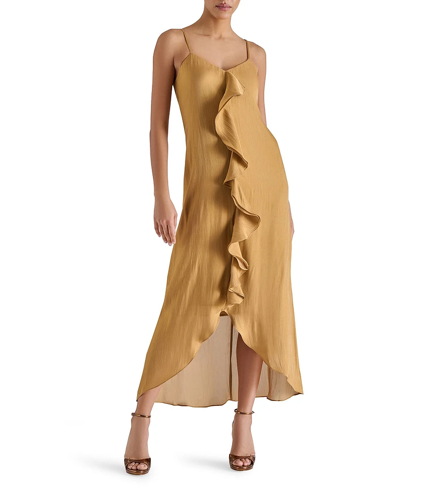 Steve Madden Elana Satin Sweetheart Neck Sleeveless Tulip Ruffle Slip Midi Dress