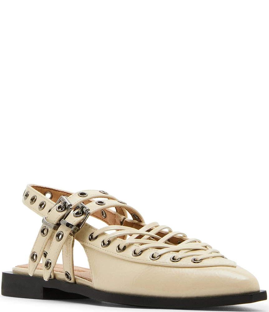 Steve Madden Galanti Crinkle Patent Grommet Hardware Lace Detail Mary Jane Slingback Flats