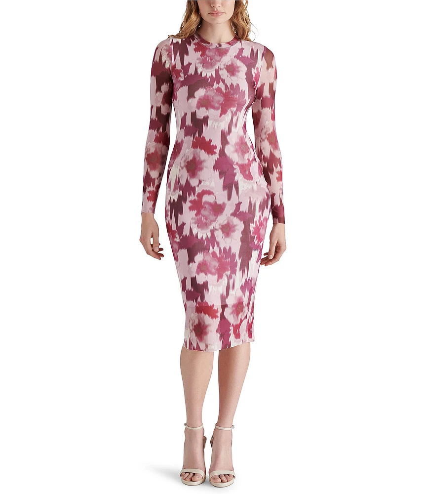 Steve Madden Hailee Floral Printed Mesh Crew Neck Long Sleeve Midi Dress