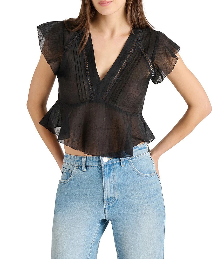 Steve Madden Leyla V Neck Short Flutter Sleeve Jacquard Peplum Top