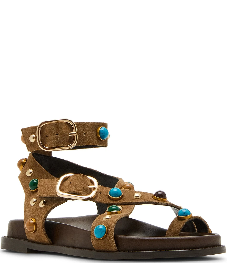 Steve Madden Linear Suede Studded Strappy Toe Loop Ankle Wrap Sandals
