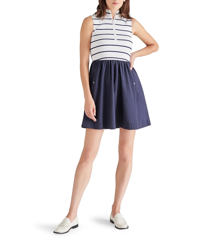 Steve Madden Lyon Stripe Mock Neck Zipper Front Sleeveless Mini Dress