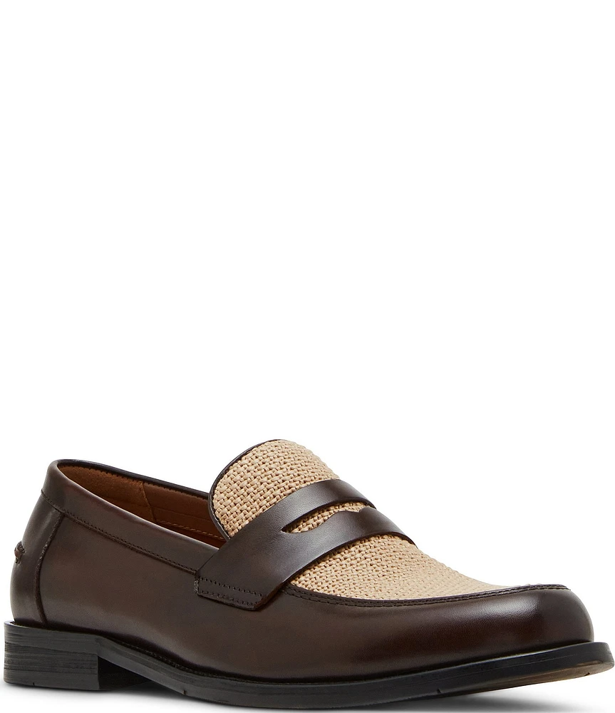 Steve Madden Men's Natan Leather and Raffia Dress Penny Loafers