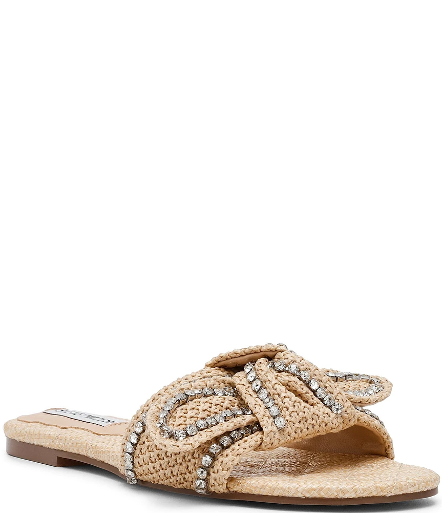 Steve Madden Misha Raffia Rhinestone Knot Bow Detail Slide Sandals