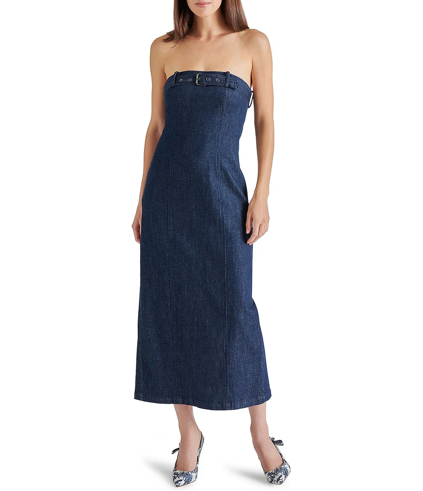 Steve Madden Prato Denim Strapless Belted Neck Sleeveless Bodycon Midi Dress