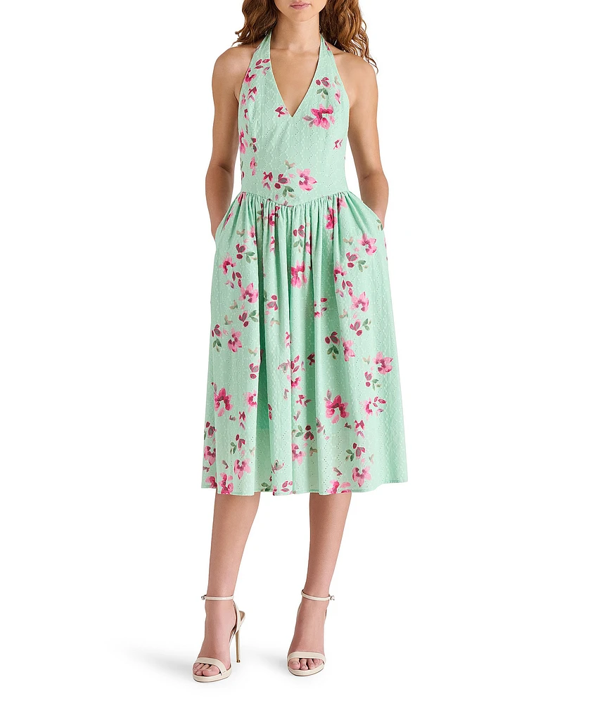 Steve Madden Ressi Floral Print Halter Tie V-Neck Sleeveless Eyelet Midi Dress
