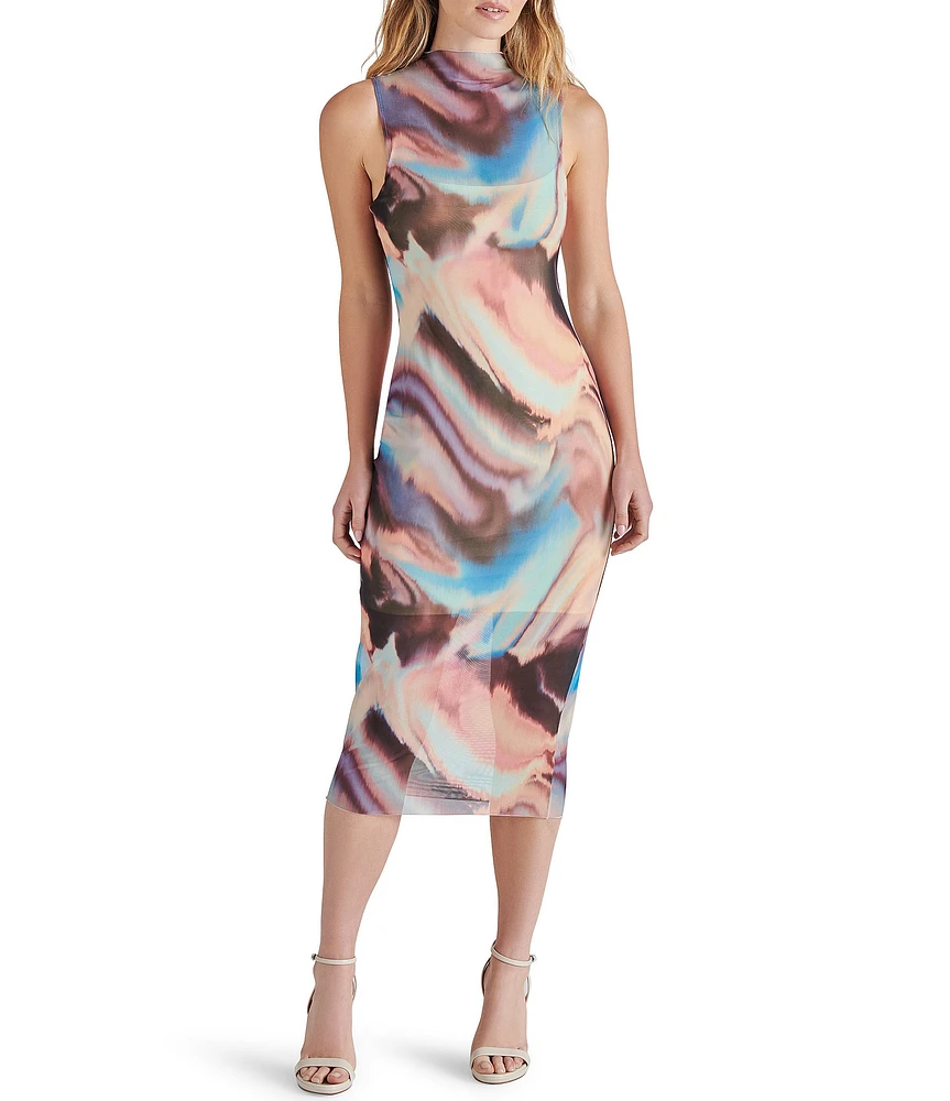 Steve Madden Sidra Multi Print Mock Neck Sleeveless Mesh Midi Dress