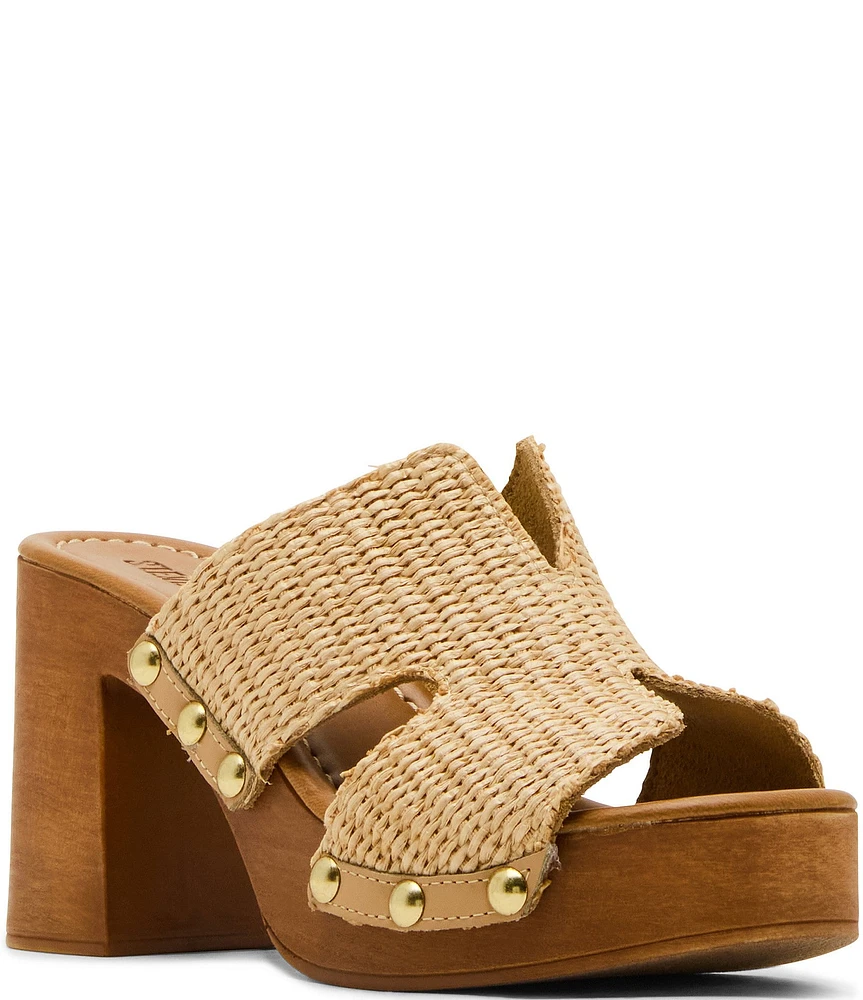 Steve Madden Sunkissed Raffia Studded Wood Platform Block Heel Slide Sandals