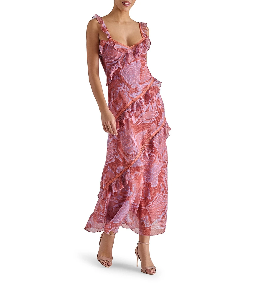 Steve Madden Versailles Sweetheart Neck Asymmetrical Ruffle Sleeveless Sheath Midi Dress
