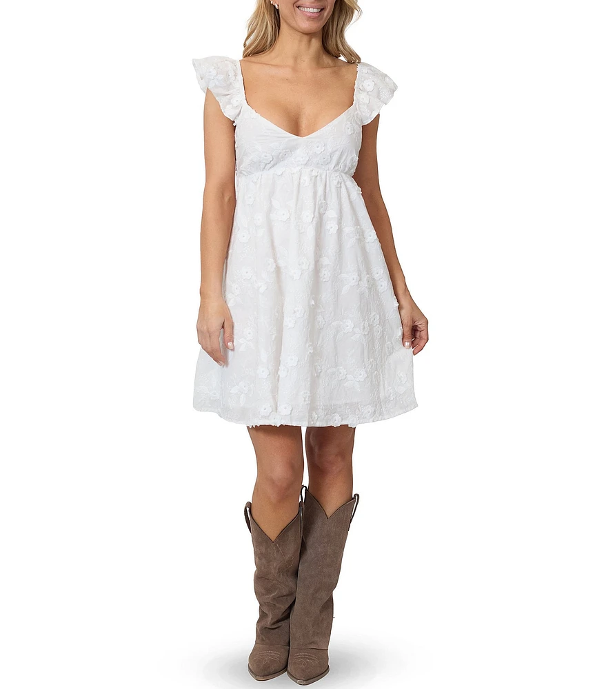 Stevie by Steve Madden Embroidered Flutter Sleeve V-Neck Babydoll Mini Dress