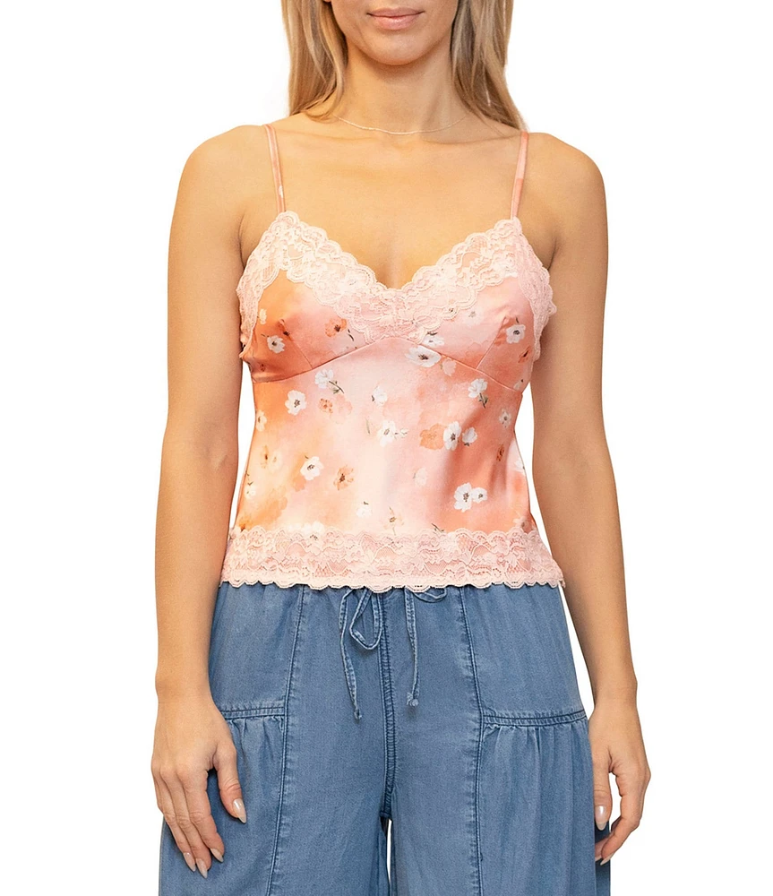 Stevie By Steve Madden Floral Print Lace Trim Spaghetti Strap Camisole Top