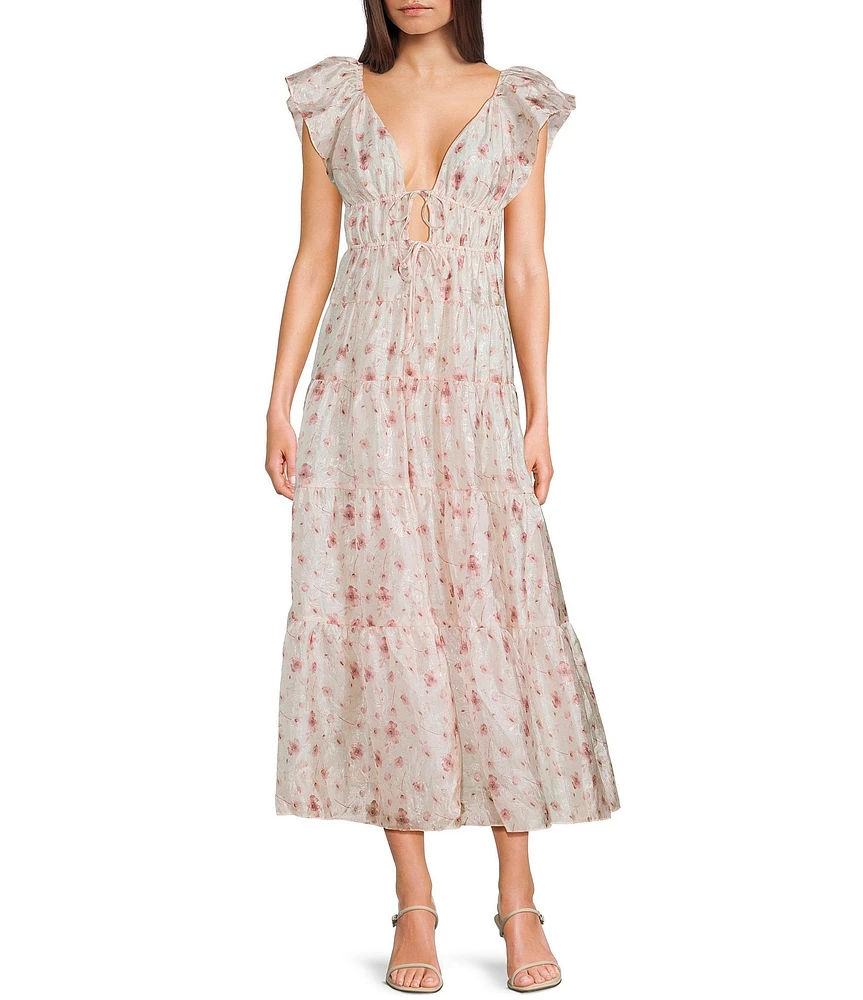 Storia Floral Print Deep V-Neck Tie Front Flutter Sleeve Tiered Maxi Dress