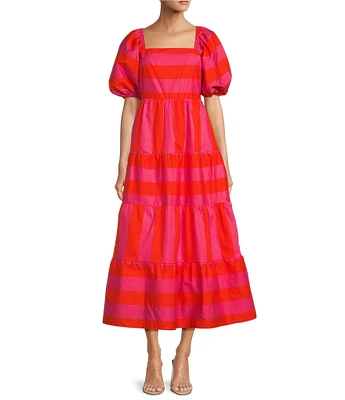 Sugarlips Azalea Poplin Stripe Print Square Neck Short Sleeve Maxi Dress