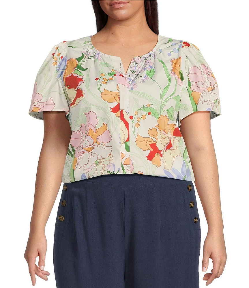 Sugarlips Plus Floral Puffed Sleeve Poplin Top
