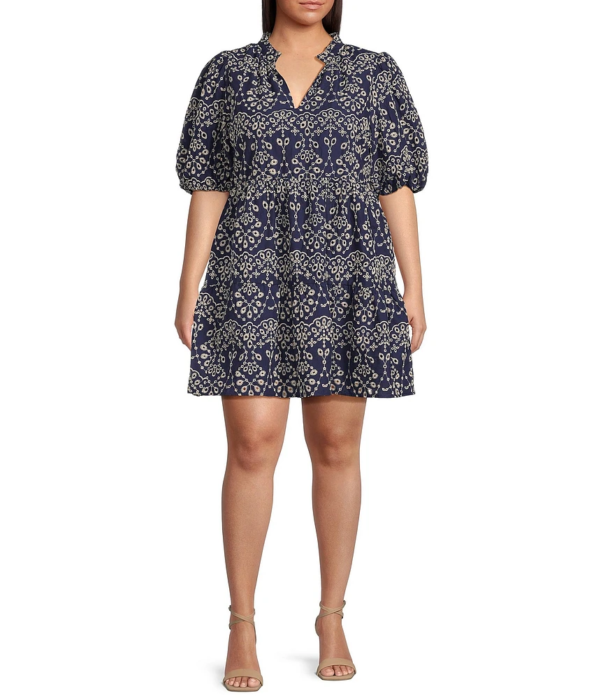 Sugarlips Plus Jacey Floral Eyelet Short Sleeve Babydoll Shift Dress