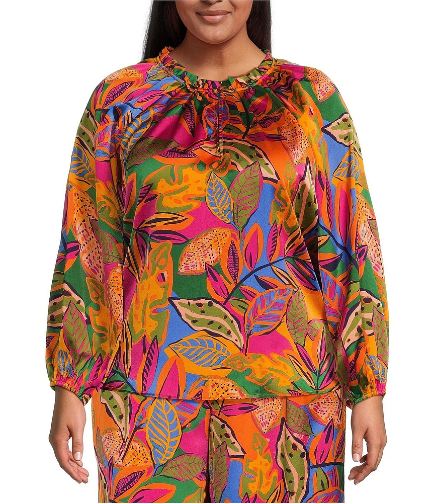 Sugarlips Plus Size Ruffled Split Neckline Balloon Long Sleeve Tropical Printed Coordinating Blouse