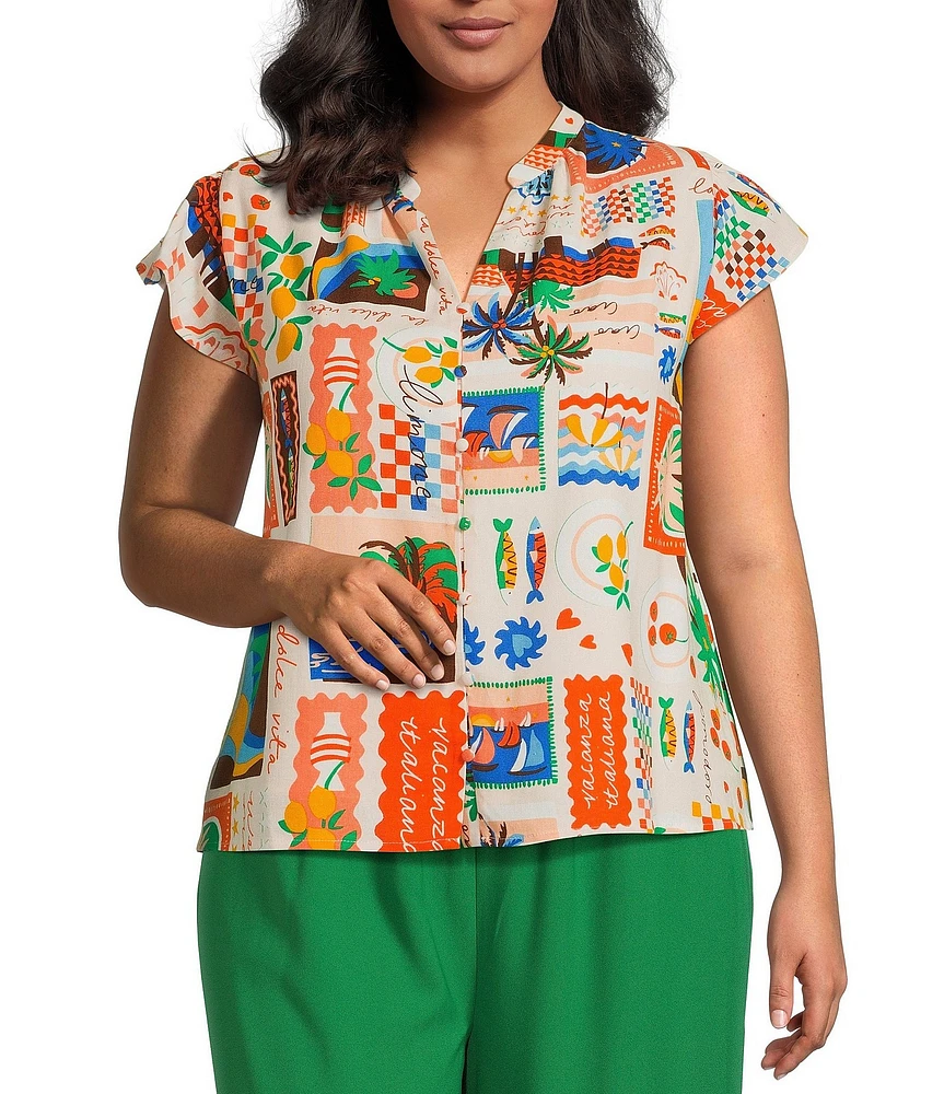Sugarlips Plus Postcard Print Short Sleeve Coordinating Blouse