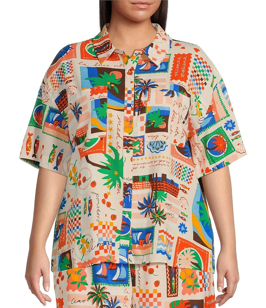Sugarlips Plus Postcard Print Coordinating Short Sleeve Shirt