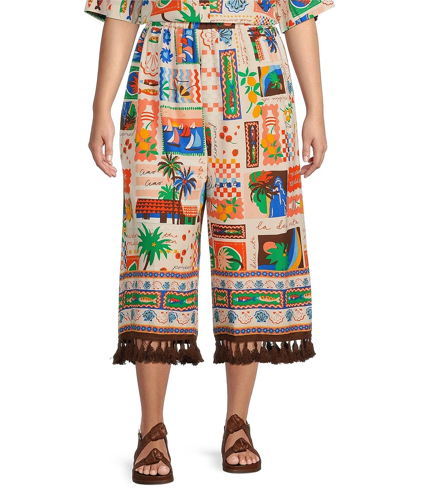 Sugarlips Plus Postcard Print Tassel Trimmed Cropped Coordinating Pants