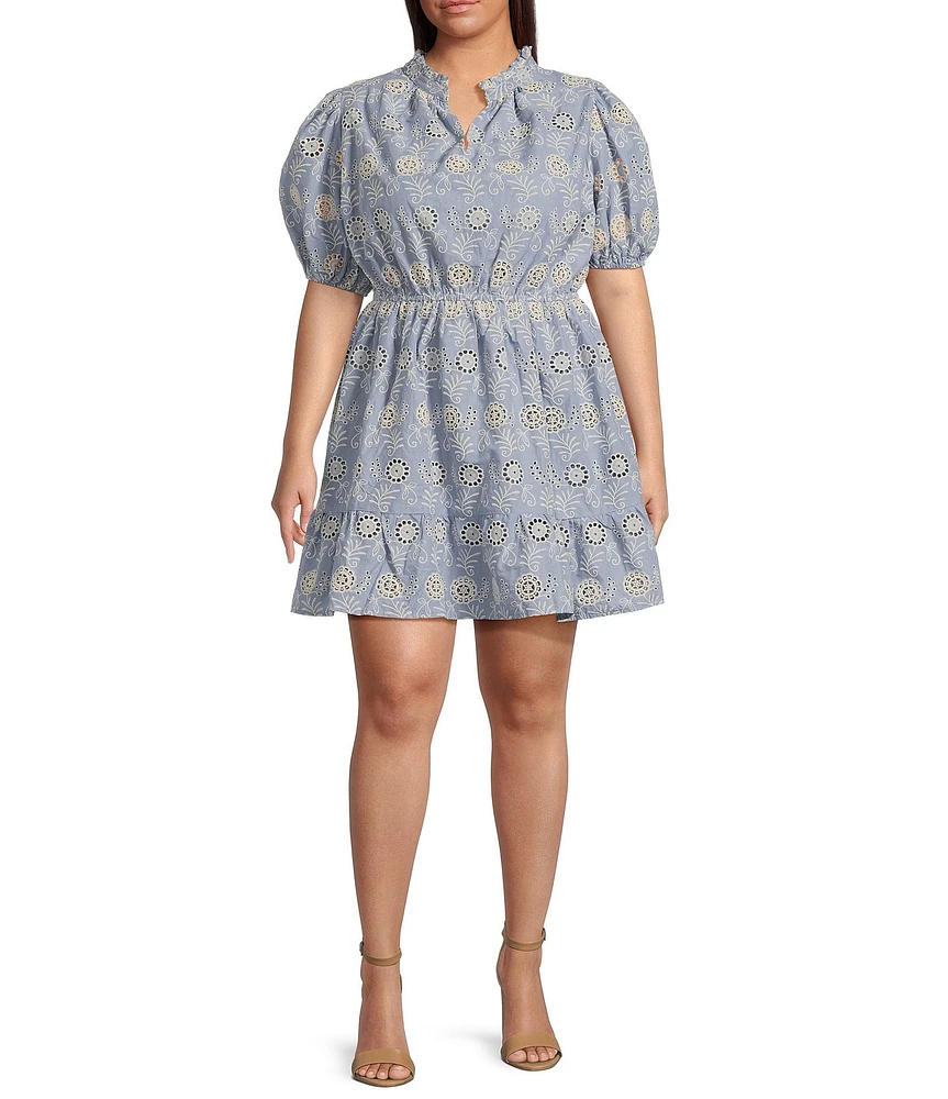 Sugarlips Plus Rosie Embroidered Floral Eyelet Puff Sleeve Mini Dress