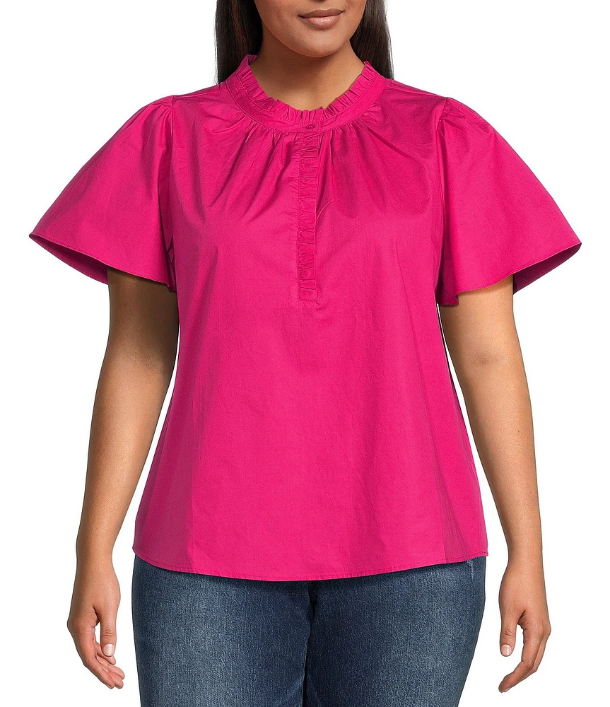 Sugarlips Plus Size Split V-Ruffle Neck Short Sleeve Blouse