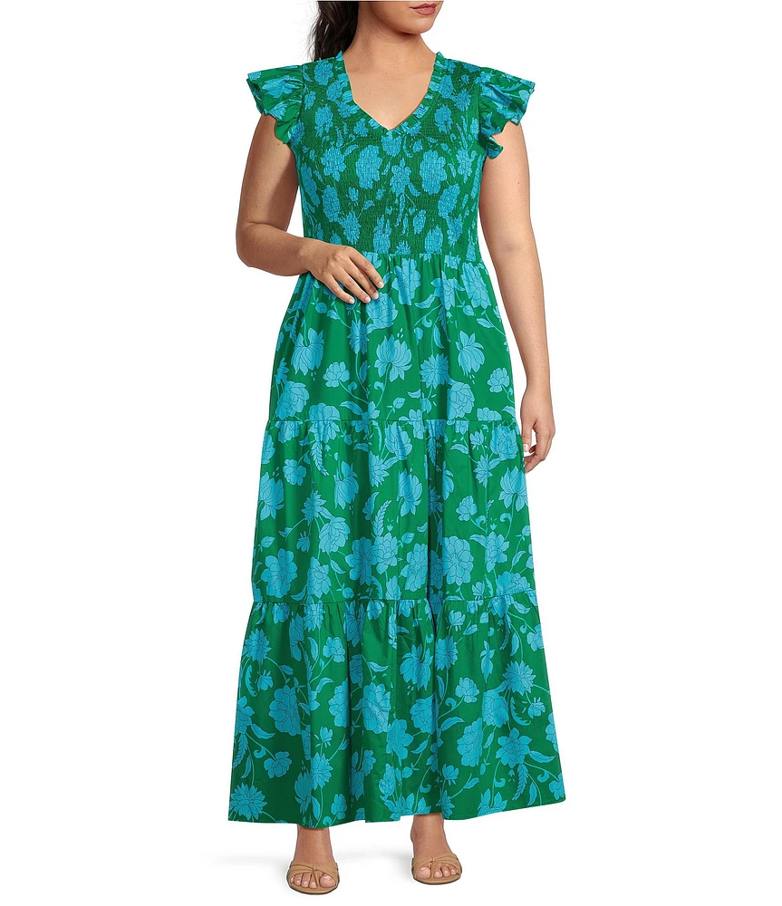 Sugarlips Plus Size Tropical Floral Print V-Neck Ruffle Cap Sleeve Smocked Bodice Tiered Long Dress