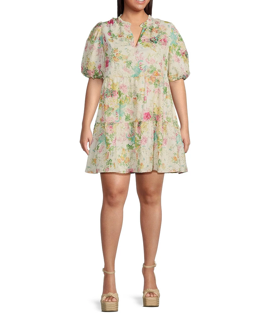 Sugarlips Plus Summerset Floral Jacy Short Sleeve Eyelet Lace Babydoll Mini Dress