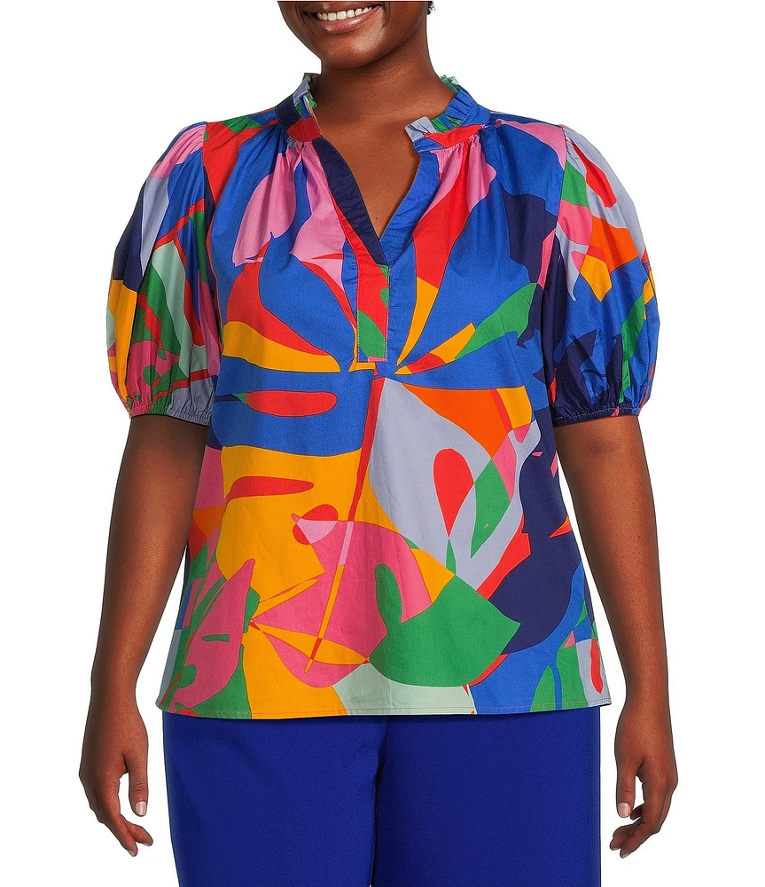Sugarlips Plus Tropical Floral/Abstract Print Short Puff Sleeve Blouse