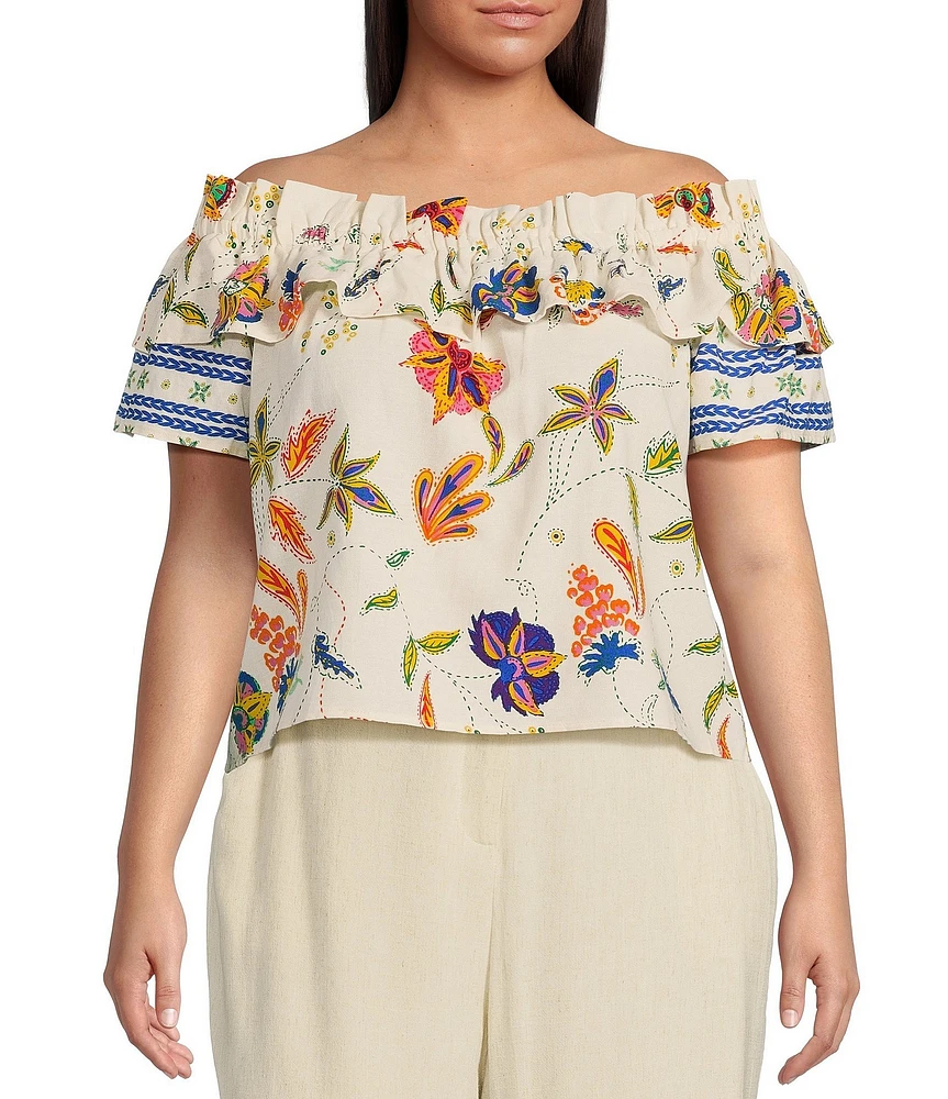 Sugarlips Plus Tropical Floral/Paisley Printed Off-The-Shoulder Short Sleeve Top