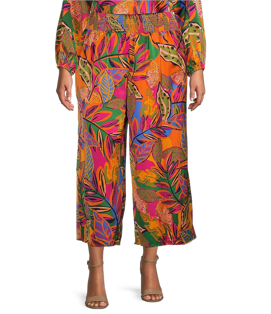 Sugarlips Plus Tropical Smocked Waist Wide Leg Satin Coordinating Pants