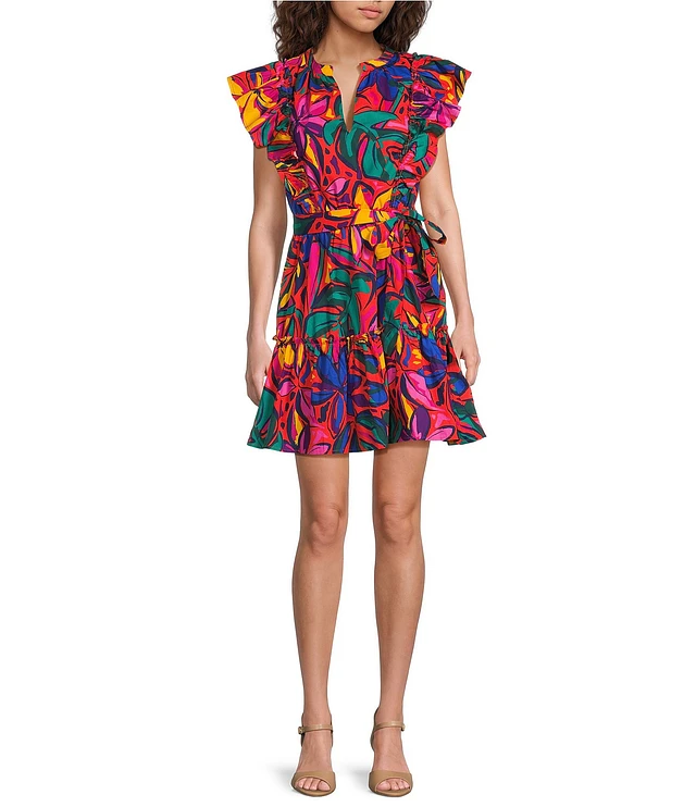 Sugarlips Rainbow Tropics Floral Printed Poplin Split V-Neck Short Ruffle Cap Sleeve Mini Dress | Liberty Center Sugarlips Rainbow Tropics Floral Printed Poplin Split V-Neck Short Ruffle Cap Sleeve Mini Dress | Liberty Center